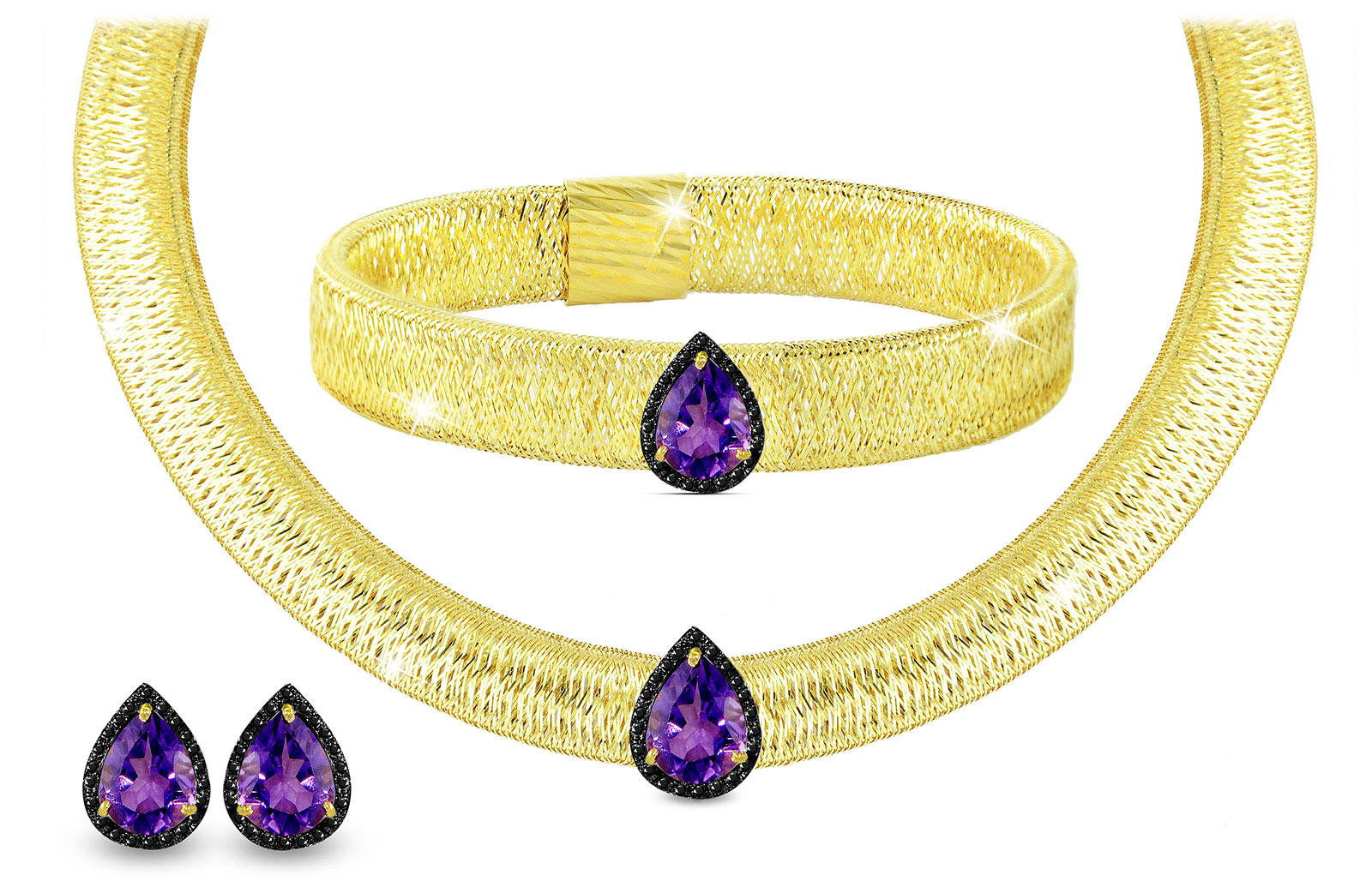 Vera Perla 18K Gold 0.48ct Black Diamonds, Amethyst Jewelry Set - 3 pcs.
